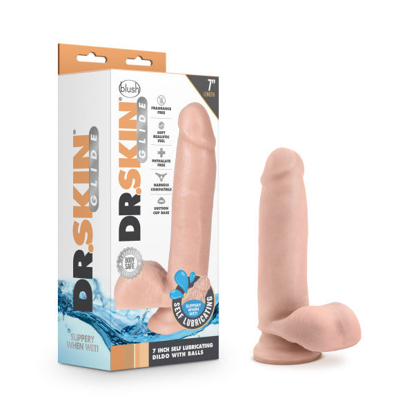 "Dr. Skin Glide - 7 Inch Self Lubricating Dildo With Balls - Vanilla BL-36414"