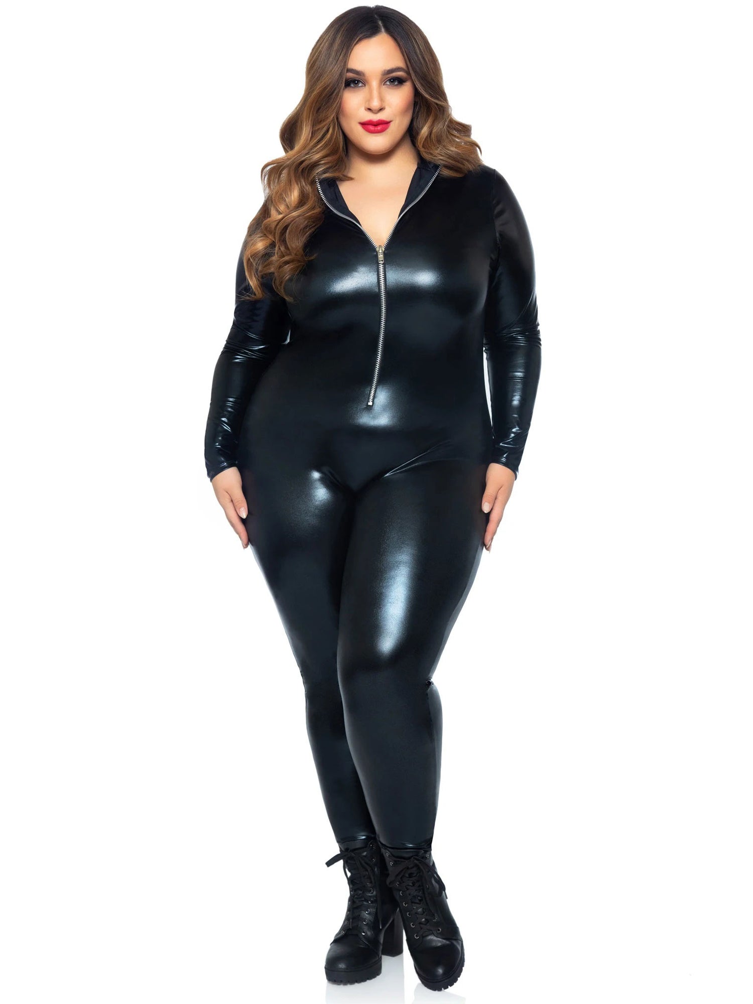 Lame Zipper Front Catsuit - 1x/2x - Black LA-85047XBL1X2