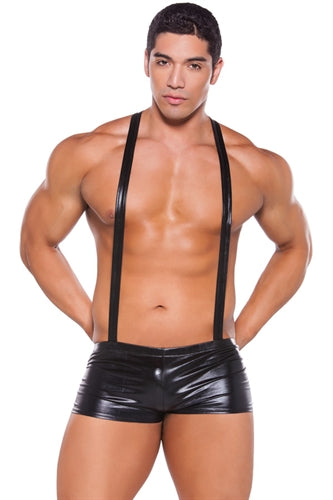 Wet Look Suspender Shorts - One Size - Black ALR-33-4502Z